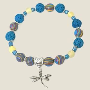 Picasso Jasper Beaded Bracelet Stretch Artisan Tibetan Silver Dragonfly Charm